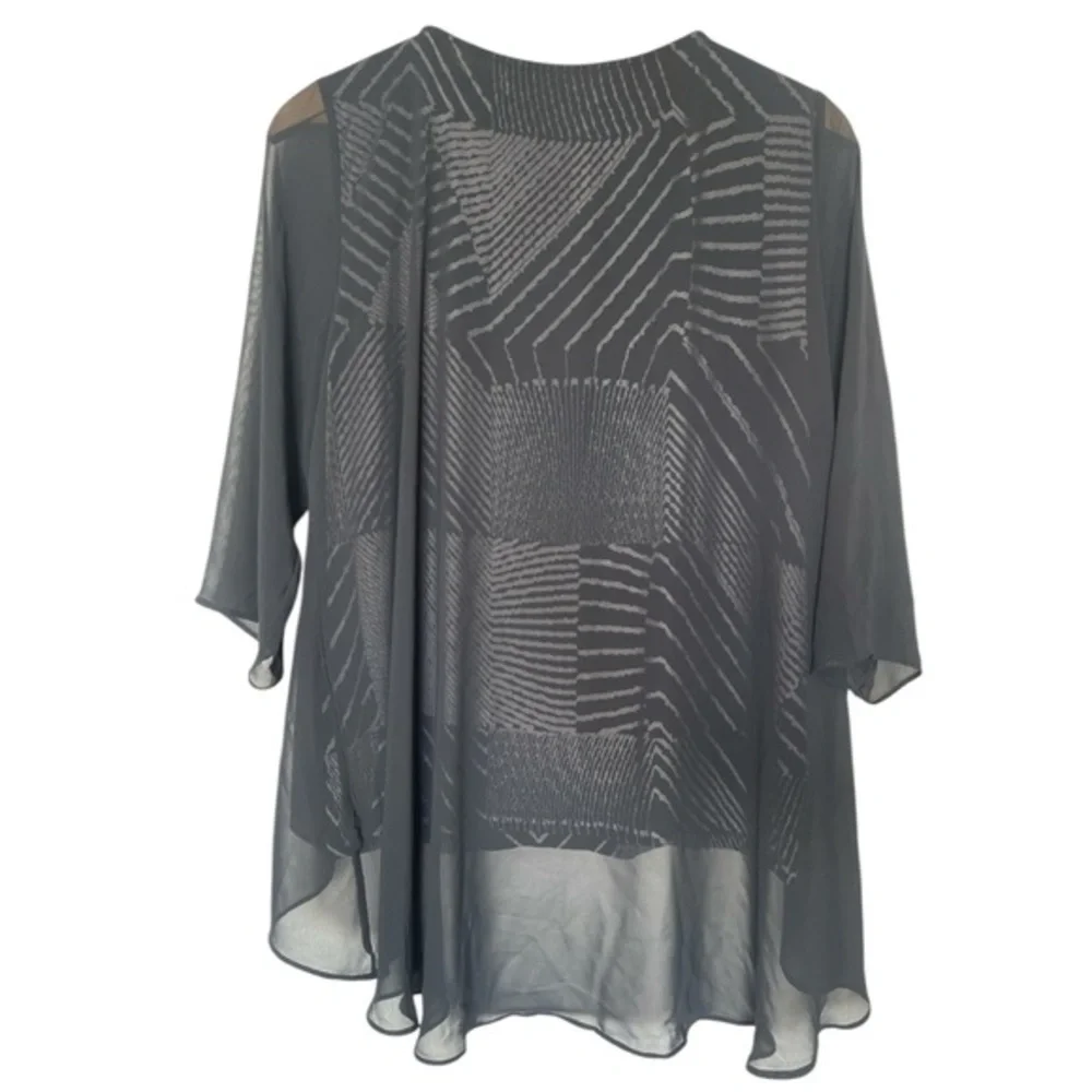 Chicos Traveler's Abstract Sheer Gold Metal Accent Overlay Top Blouse Size 2 Med - Picture 2 of 4